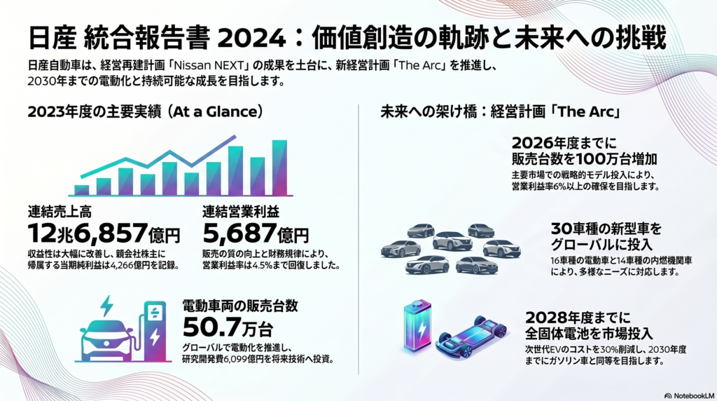日産自動車 統合報告書 2024の要約。2023年度の主要実績（売上高12.6兆円、営業利益5,687億円、電動車販売50.7万台）と、新経営計画「The Arc」の目標（2026年度までに販売100万台増、30車種の新型車投入、2028年度までの全固体電池市場投入）。