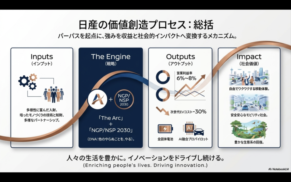 日産の価値創造プロセス総括図。インプット（人財・技術）、戦略（The Arc/NGP 2030）、アウトプット（営業利益率・EVコスト削減）、社会価値（移動体験・安全性・生態系回復）の流れ。