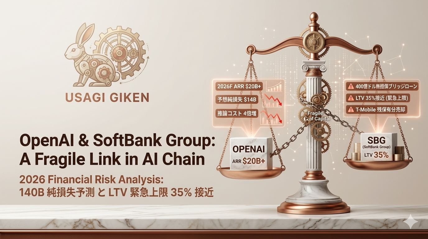 OpenAIの2026年財務予測（純損失140億ドル）と、ソフトバンクグループのLTV35%接近リスクを象徴する天秤のインフォグラフィック。USAGI GIKENによる分析。