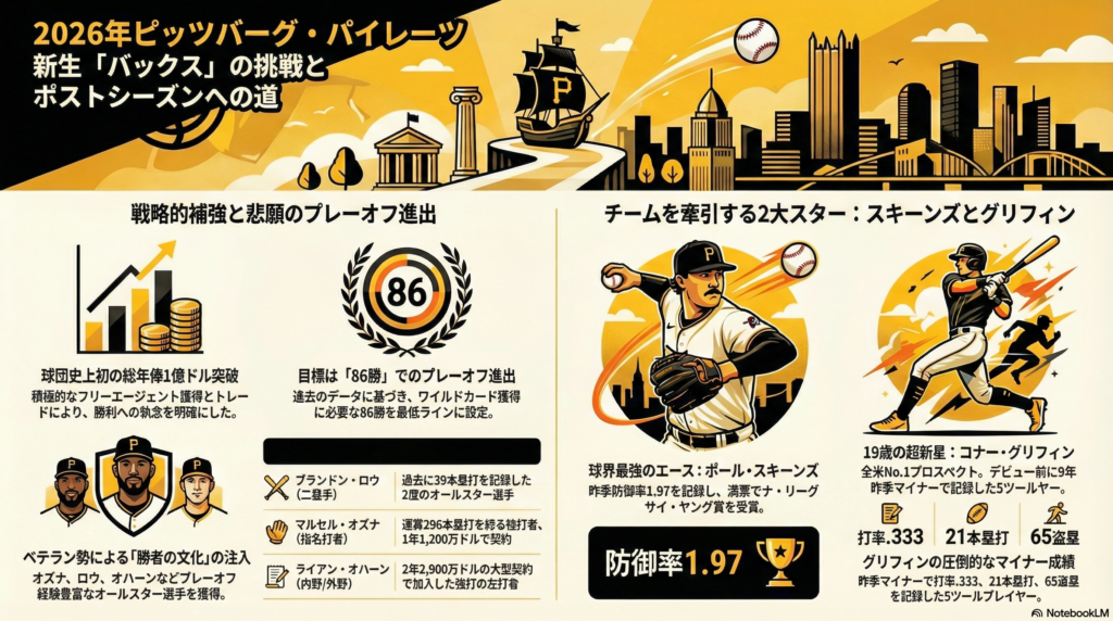 2026年ピッツバーグ・パイレーツのチーム戦略図。ポール・スキーンズとコナー・グリフィンの2大スターを軸に、86勝でのプレーオフ進出を目指す戦略、総年俸1億ドル突破、ブランドン・ロウやマルセル・オズナらベテランの補強、グリフィンのマイナー成績(打率.333、21本塁打、65盗塁)が詳細に描かれている。