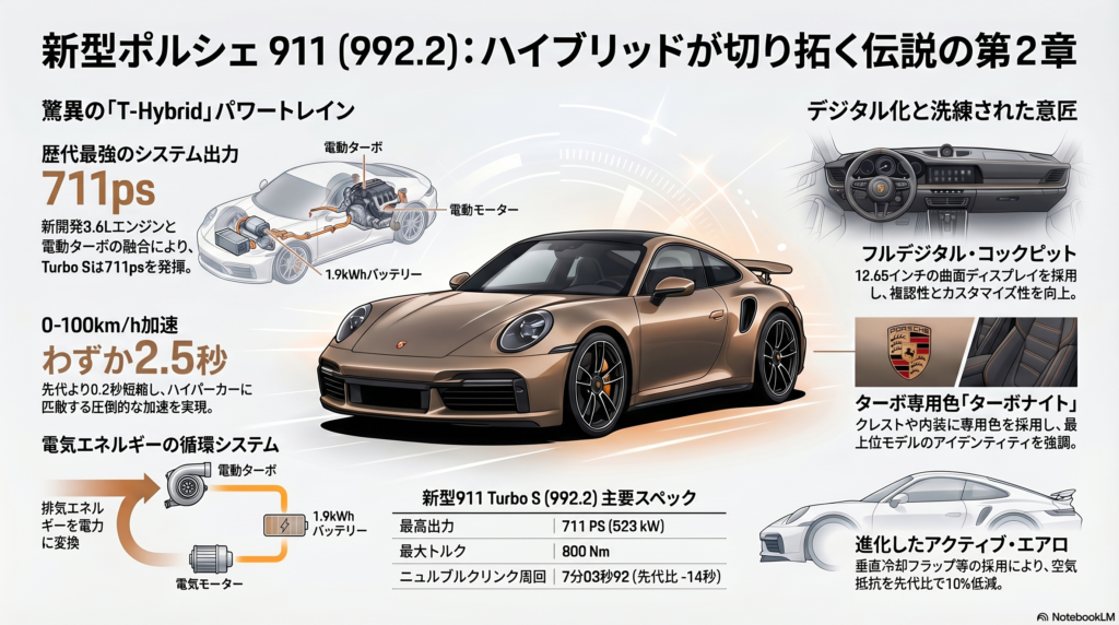 オートモビルカウンシル2026で日本初公開された新型ポルシェ911ターボS（992.2）のフロントビュー及び、概要説明
