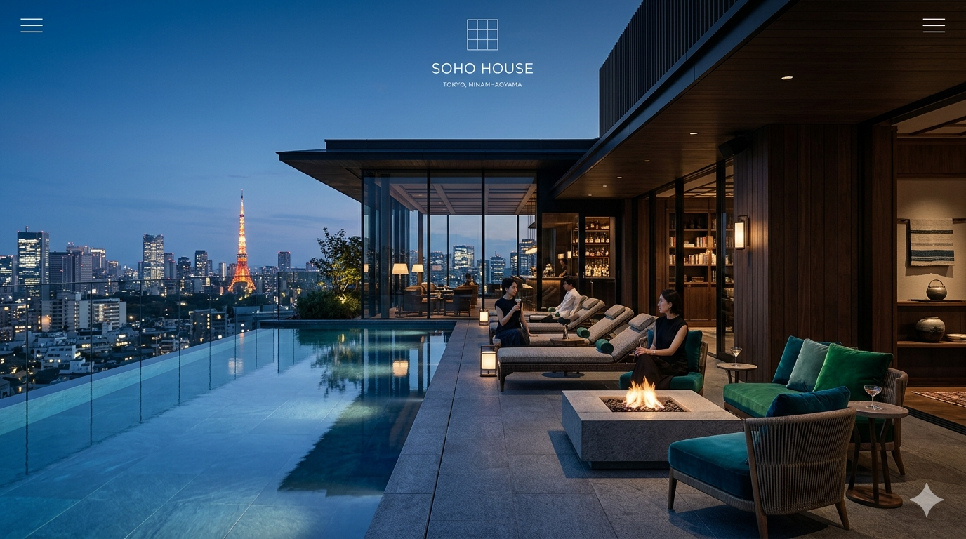ソーホーハウス東京（Soho House Tokyo）のルーフトッププールと、南青山の夜景を望む洗練されたラウンジ空間。クリエイターが集う会員制クラブの世界観。