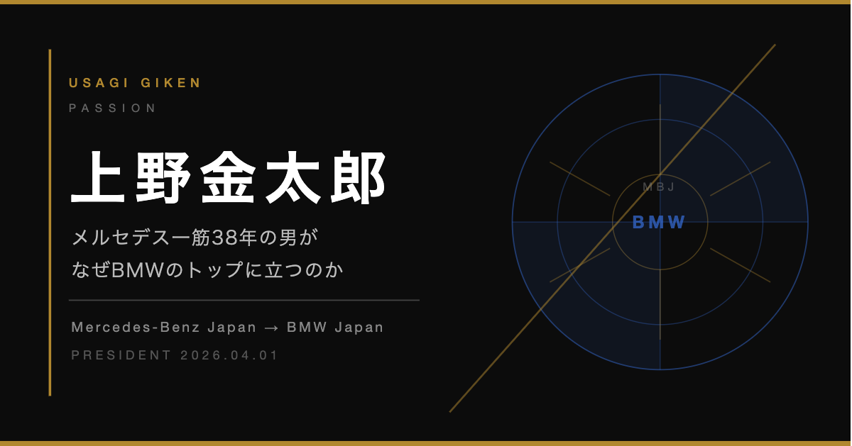 BMWジャパン新社長に就任した上野金太郎氏のキャリア変遷イメージ。メルセデス・ベンツ日本からBMWへの転身を象徴するグラフィック