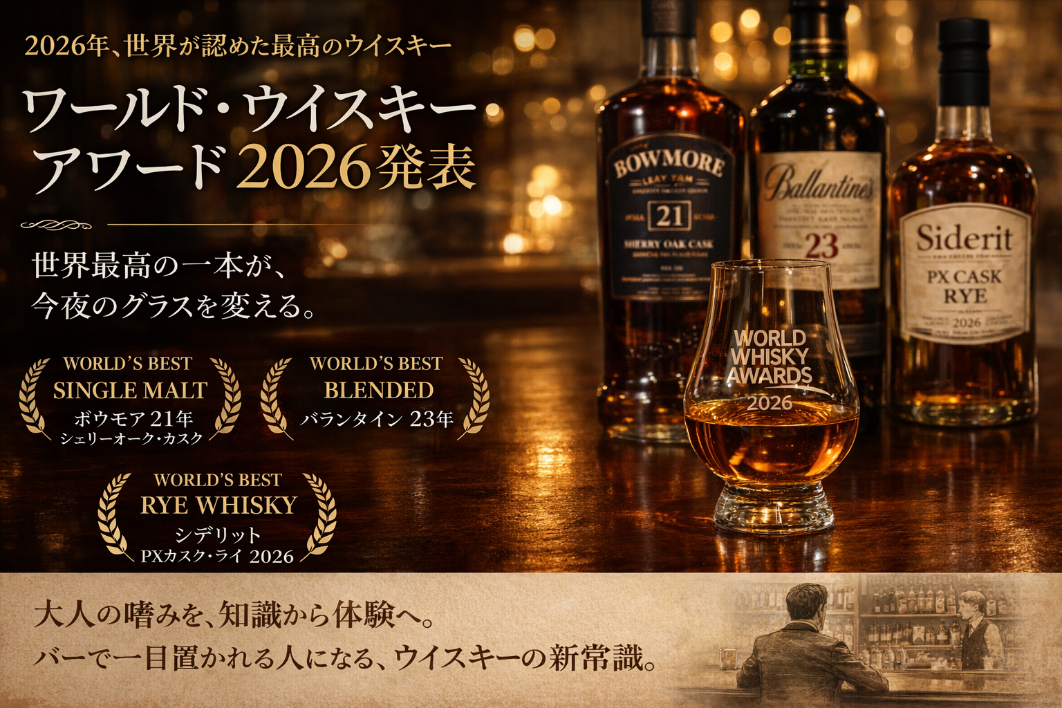 ワールドウィスキーアワード2026発表 ボウモア21年 バランタイン23年 シデリットPXライの受賞ウイスキー
