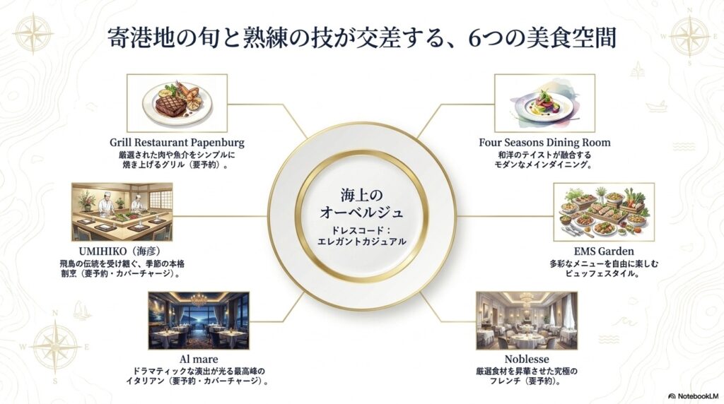 飛鳥Ⅲの船内レストラン。メインダイニング、和食割烹、寿司カウンターのイメージ。