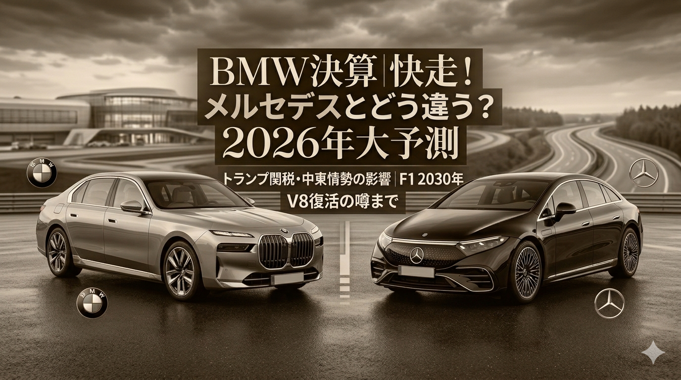 2026年のBMWとメルセデス・ベンツの最新モデルが並ぶ、決算比較と将来予測のイメージ画像