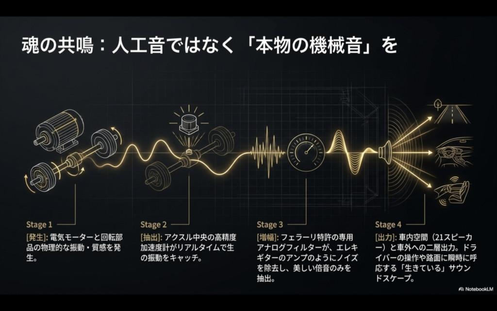 フェラーリ ルーチェの音響生成技術：モーター振動の集音から、アナログフィルターによる増幅、車内・車外への出力に至る4段階のプロセス図解。