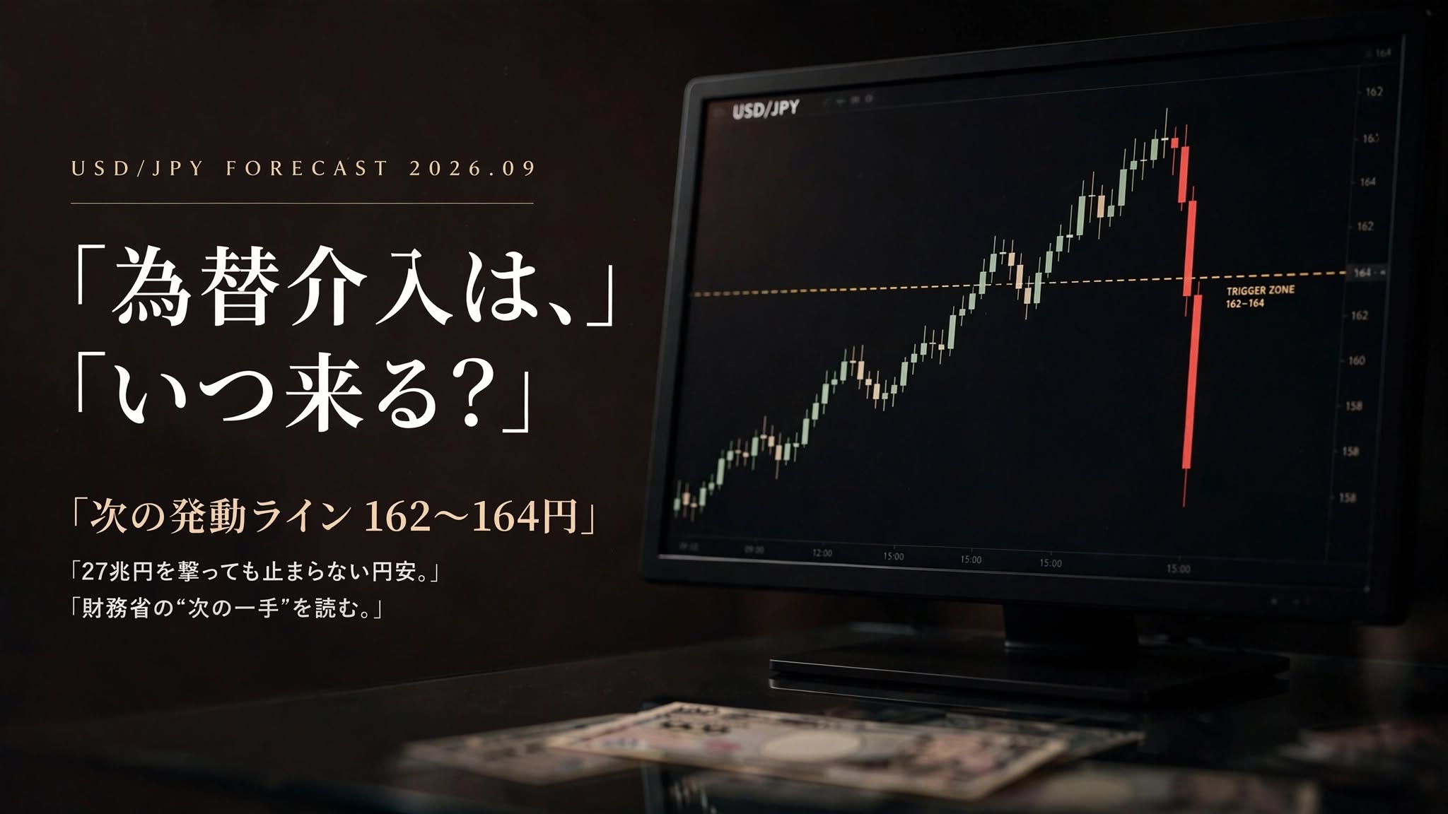 ドル円チャートに162〜164円の為替介入の発動ラインと急落の赤いローソク足が描かれた、次の為替介入はいつかを予想する記事のイメージ
