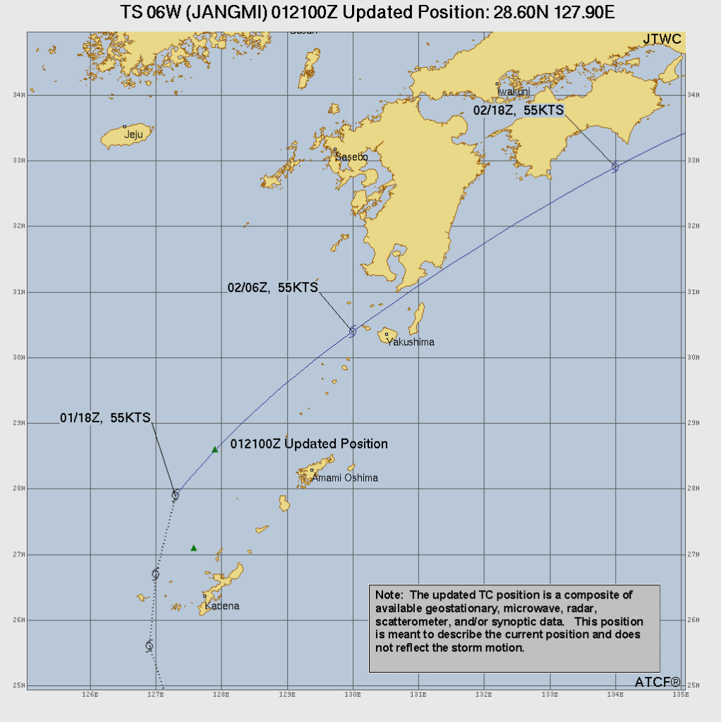 米軍合同台風警報センター(JTWC)による2026年台風6号の奄美・九州近海の通過予測