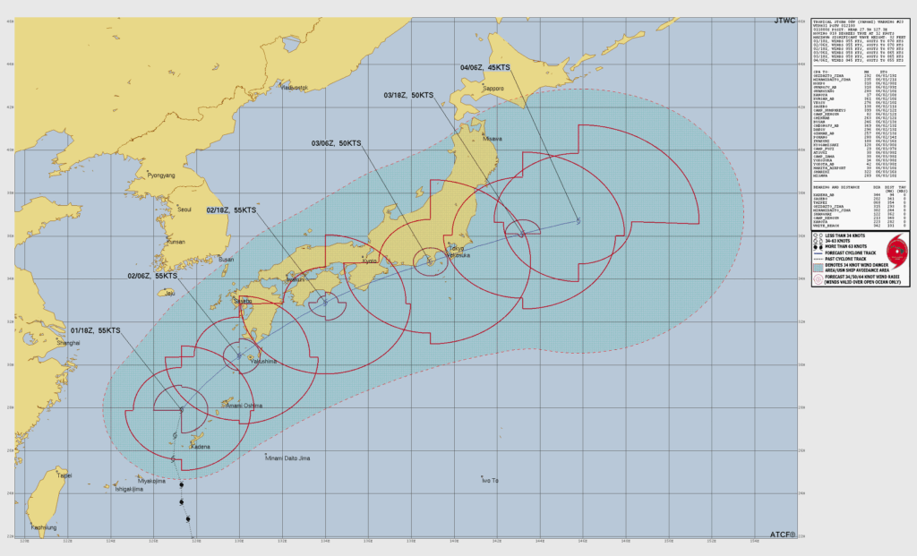 米軍合同台風警報センター(JTWC)による2026年台風6号(JANGMI)の進路予想・警戒域マップ