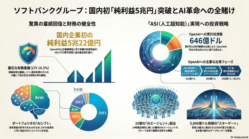 ソフトバンクグループ AI投資戦略インフォグラフィック——純利益5兆円突破とASI実現への全賭け構造（OpenAI累計投資646億ドル、Arm保有比率、LTV16.5%、スターゲートプロジェクト等）