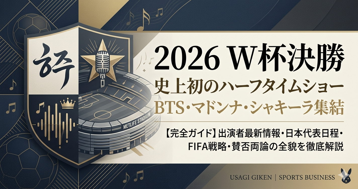 2026年W杯決勝ハーフタイムショーの出演者（BTS・マドンナ・シャキーラ）と会場メットライフ・スタジアムをイメージしたアイキャッチ画像