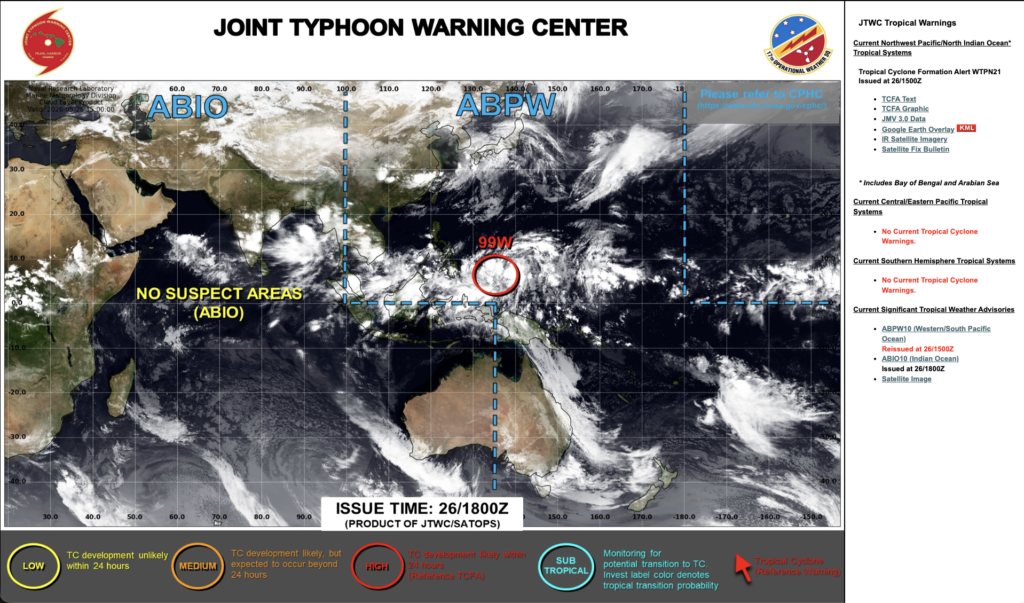 米軍合同台風警報センター(JTWC)による熱帯低気圧監視マップ。台風6号(チャンミー)の詳細情報発表前の衛星・気象監視画面。