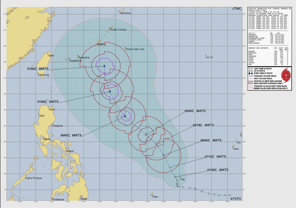 2026年5月27日最新の米軍（JTWC）による台風6号（チャンミー）進路予想図。フィリピンの東を北上し、週末から週明けにかけて沖縄本島付近へ接近する予測が示されている。