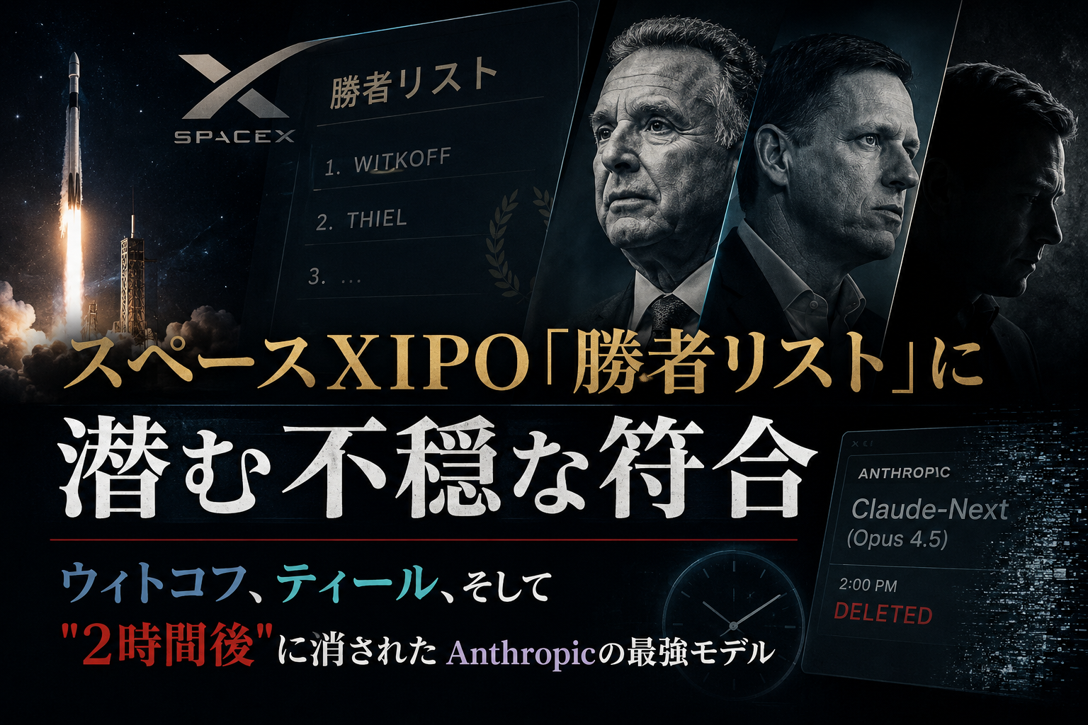 SpaceX IPO 勝者リストとティール、ウィトコフ、Anthropic削除モデルの関係を考察
