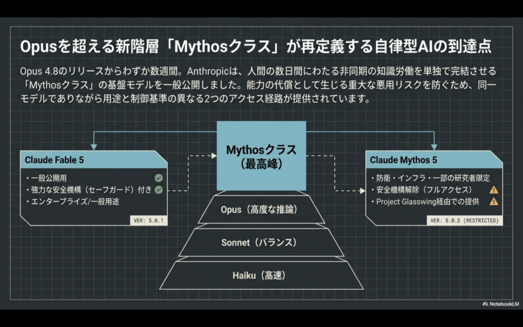 Anthropicが発表した新階層「Mythosクラス」の構造を示す図。Claude Fable 5（一般公開版）とClaude Mythos 5（制限付き版）の2つのアクセス経路があることを示している。