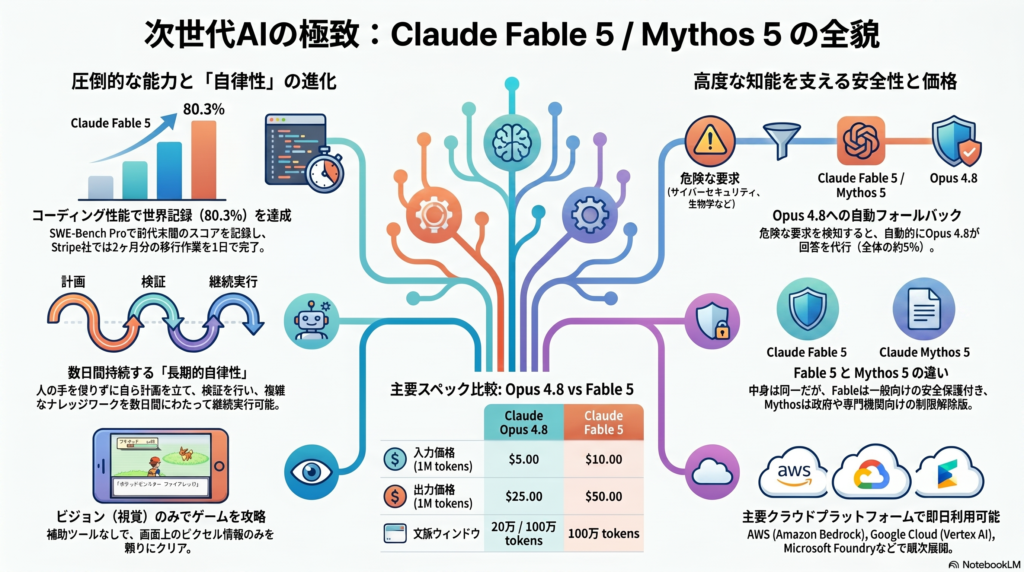 Claude 5 Fableと既存AIモデル（Gemini 1.5 Pro等）の性能を比較したベンチマークグラフ。自律タスクの達成率でFable 5が他モデルを圧倒している様子を示しています。