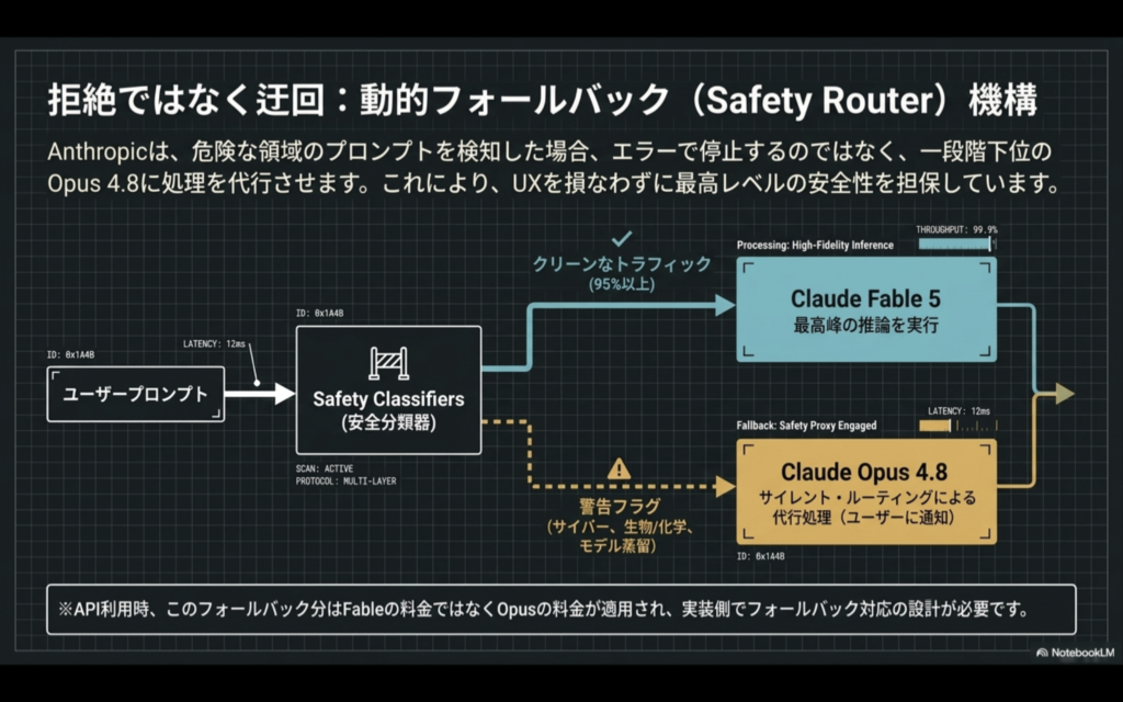 安全分類器（Safety Classifiers）がユーザープロンプトを検知し、安全な場合はClaude Fable 5へ、危険な領域と判断された場合はClaude Opus 4.8へ動的に処理を振り分けるフォールバック機構のフローチャート。