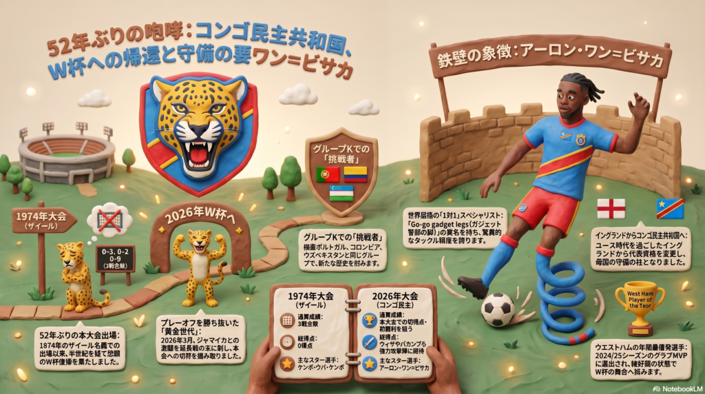 2026年W杯のコンゴ民主共和国代表（DRコンゴ）の戦術インフォグラフィック。「52年ぶりの帰還、レオパーズの戦術解剖」というタイトルのもと、強固な4-2-3-1ブロックのシステム図と、注目選手であるアーロン・ワン＝ビサカの右サイドにおける「1on1シャットダウン能力」の守備エリア、チームの勝敗確率（ポルトガル戦を想定した勝率21%、引き分け11%）をスタイリッシュなダークネイビーとネオンカラーの配色で視覚化した画像。