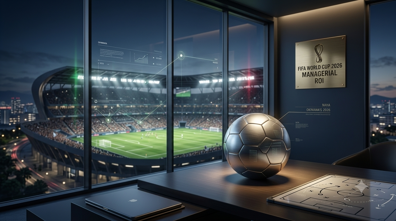 FIFAワールドカップ2026のスタジアムを一望する高級オフィスのデスクに置かれたサッカーボールと戦術ボード。監督報酬ランキングと投資対効果（ROI）をイメージしたアイキャッチ画像。