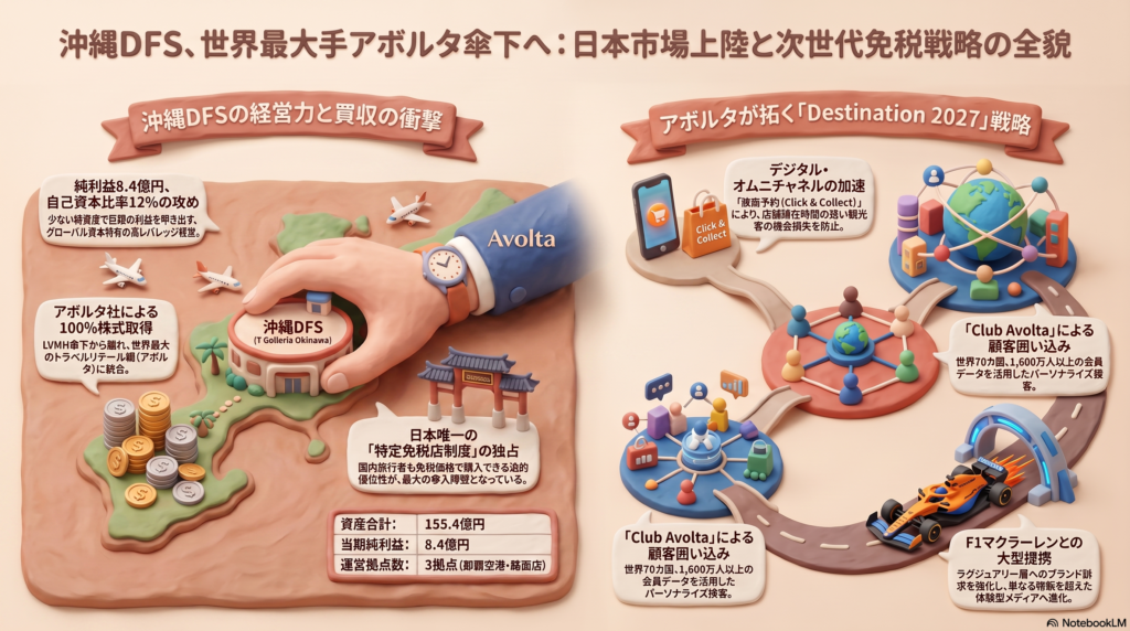 沖縄の地図を模したクレイアート風のインフォグラフィック。左側には「沖縄DFSの経営力と買収の衝撃」として世界最大手アボルタ（Avolta）による100%株式取得や財務データ、右側には「アボルタが拓く『Destination 2027』戦略」としてデジタル・オムニチャネルの加速、会員データ活用、F1マクラーレンとの提携などの次世代免税戦略が立体的な3Dイラストで解説されている。