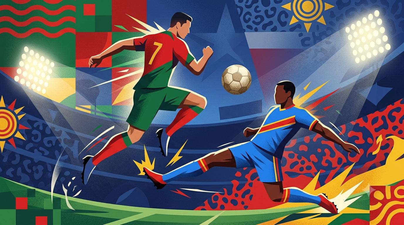 2026年FIFAワールドカップ・グループK開幕戦（ポルトガル対コンゴ民主共和国）を象徴する抽象的なサッカーイラスト。ポルトガルをイメージした赤と緑のユニフォーム（背番号7）の選手と、DRコンゴのレオパード柄をあしらった青いユニフォームの選手がスタジアムのライトの下で競り合うダイナミックな構図。