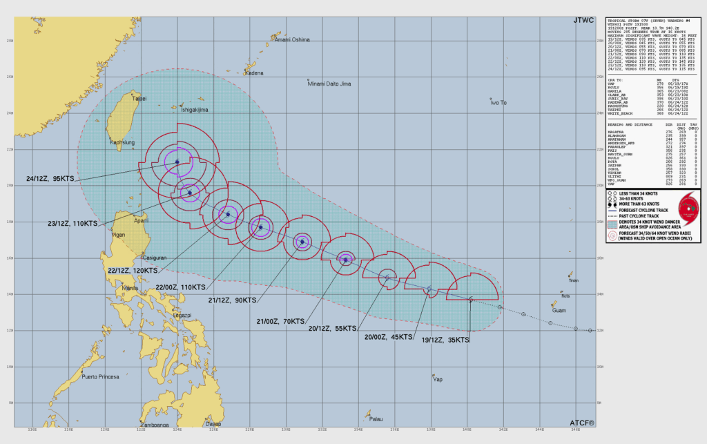 米軍合同台風警報センター(JTWC)による熱帯低気圧07W(台風7号の卵)の進路予想図。マリアナ諸島から西進し、沖縄の南、先島諸島(石垣島・宮古島)方面へ向かって勢力を上げながら進む予測コースと、各日時の予想最大風速(ノット)が記述された気象チャート。