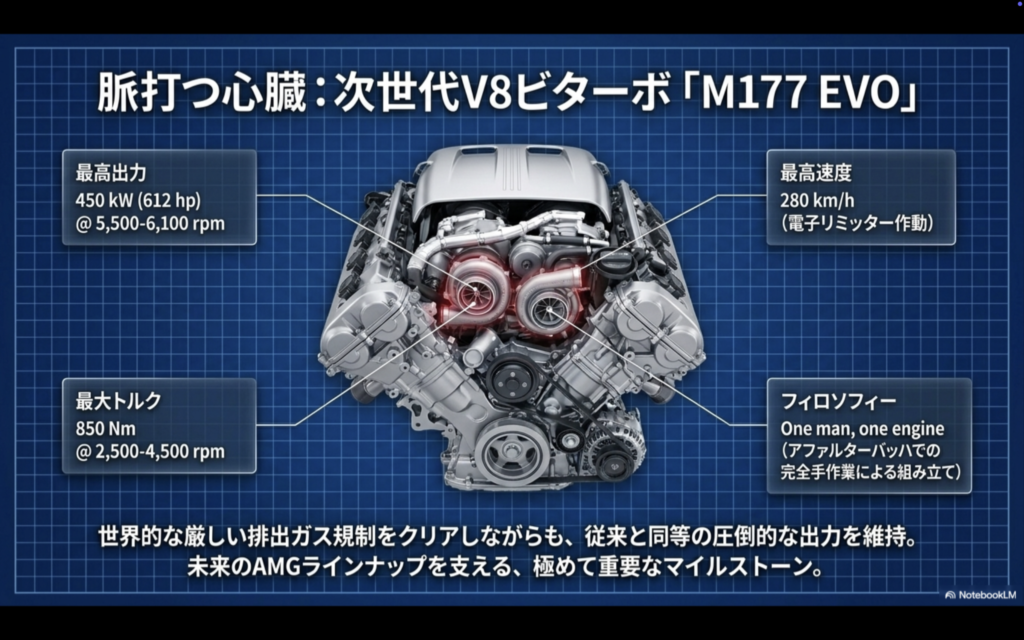 新型メルセデスAMG GLE 63 Sに搭載された新世代V8エンジン「M177 EVO」のスペック図