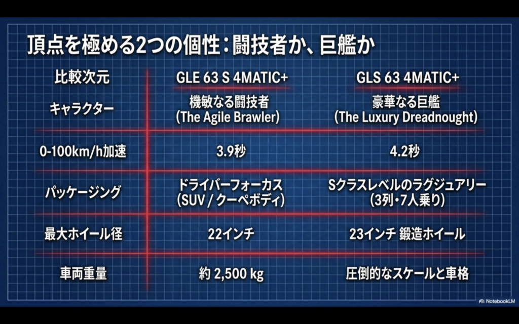 メルセデスAMG GLE 63S 4MATIC+とGLS 63 4MATIC+のスペック比較表