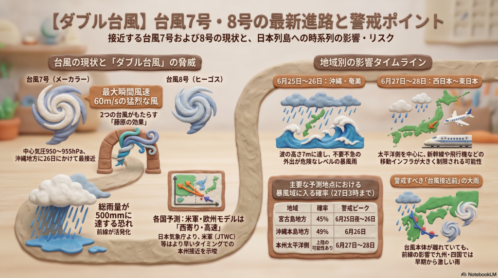 2026年6月24日発表の台風7号・8号進路および影響解説図。台風7号（強い・北上中）と8号（先行接近中）の進路、気象庁・米軍等の『西寄り・高速化』の解析結果、週末にかけての交通インフラへの影響および記録的大雨リスクをまとめた図解。