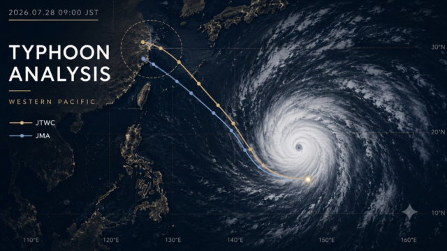 【台風解析】2026年7月28日 西太平洋における気象庁（JMA）とJTWCの進路予測比較マップ