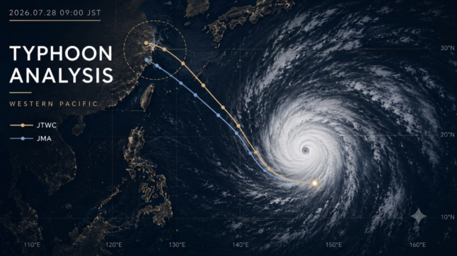 【台風解析】2026年7月28日 西太平洋における気象庁（JMA）とJTWCの進路予測比較マップ