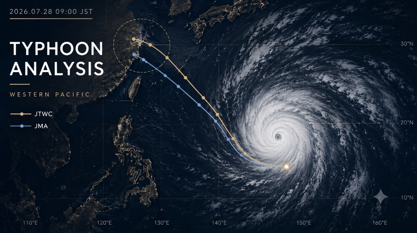 2026年7月28日9時（JST）時点の、西太平洋における台風の進路予測天気図。「台風解析（TYPHOON ANALYSIS）」と題され、日本気象庁（JMA）と合同台風警報センター（JTWC）の2つの異なる進路予測パスが、フィリピン、日本周辺の地図上に重ねて表示されています。