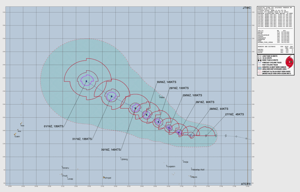 米軍（JTWC）による台風13号（ドルフィン）の進路予想図。急速な発達（Near-Extreme Rapid Intensification）を示し、西太平洋を北西へ進む予報円と最大風速の推移を表示。