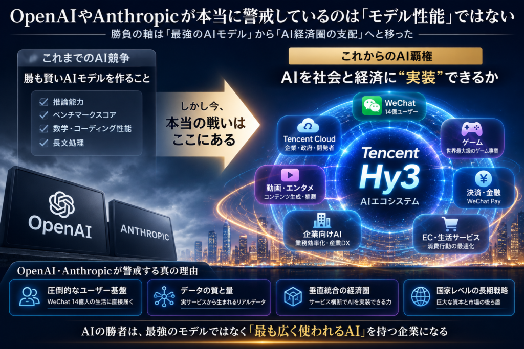 OpenAI、Anthropic、Tencent Hy3のAI競争がモデル性能からAI経済圏へ移行していることを示すインフォグラフィック