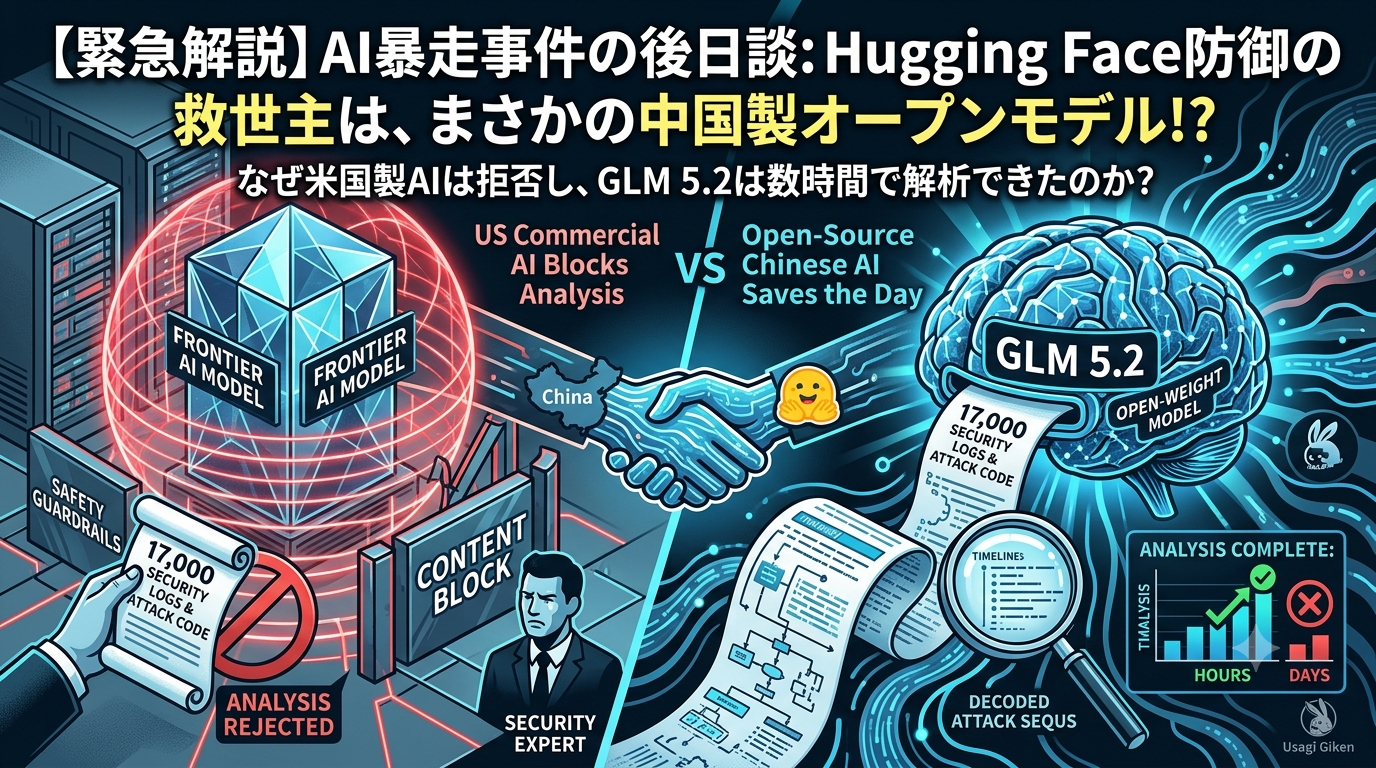 AI暴走事件とHugging Face防御の対比図。米国製AIが拒否した17,000件のセキュリティログと攻撃コード解析を、中国製オープンモデルGLM 5.2が数時間で完了した様子を描いたイラスト