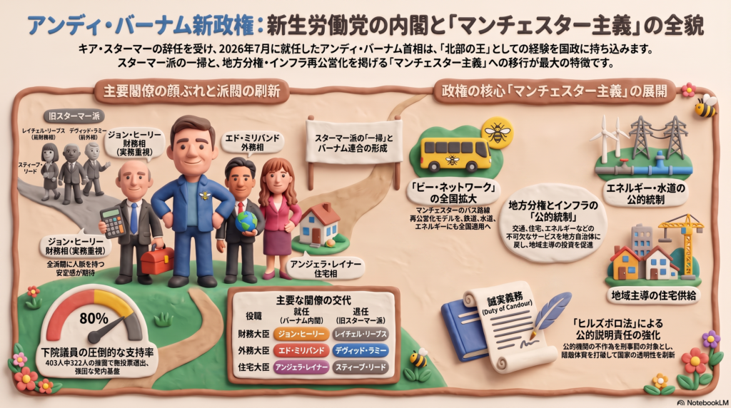 アンディ・バーナム新内閣と「マンチェスター主義」の図解。ジョン・ヒーリー財務相、エド・ミリバンド外務相ら主要閣僚の交代と、インフラ再公営化・地方分権・ヒルズボロ法(誠実義務)などの主要政策を解説したインフォグラフィック。