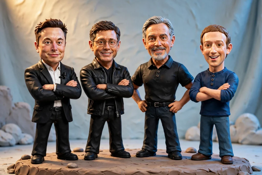 イーロン・マスク、ジェンスン・フアン、ラリー・エリソン、マーク・ザッカーバーグが並んでクールにポーズを決めるクレイ風アニメーション画像