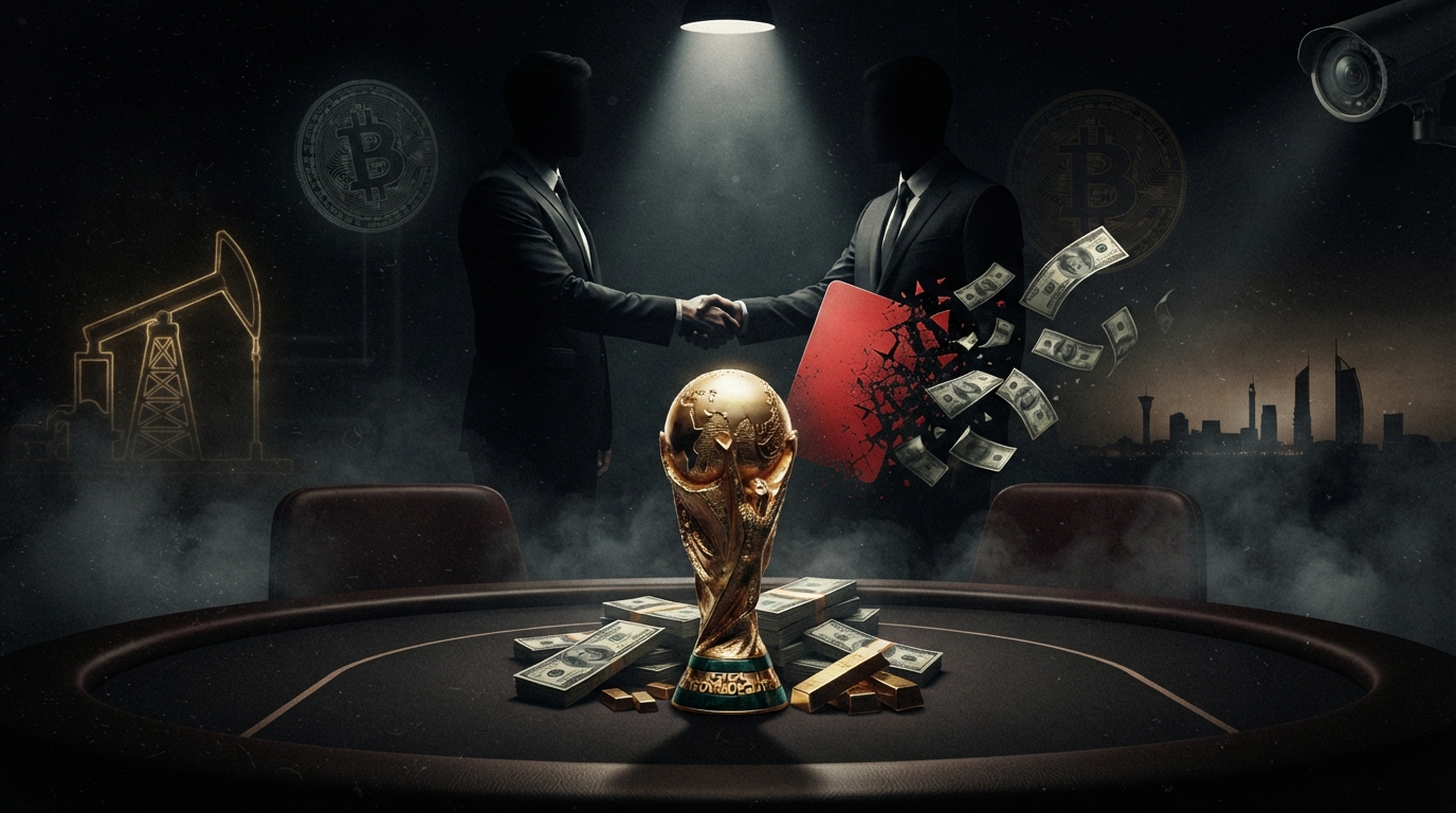 FIFAワールドカップ2026、権力とマネーが交錯する汚職構造を象徴するイラスト（金塊・暗号資産・赤card・監視カメラ）