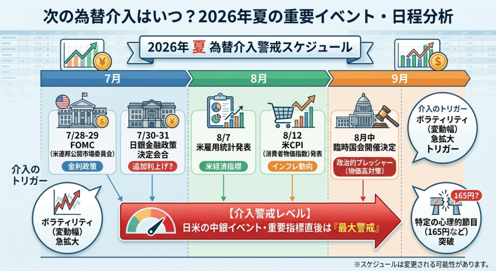 2026年夏の危険日程(7月FOMC・日銀会合、8月米雇用統計・米CPI、臨時国会)と為替介入トリガーを示すタイムライン図解