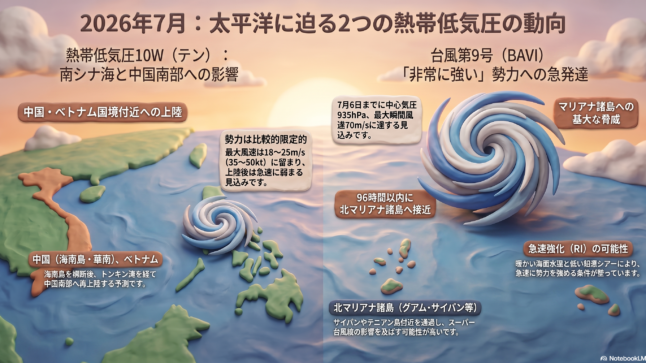 2026年7月 台風9号（BAVI）・熱帯低気圧10W 動向予測図