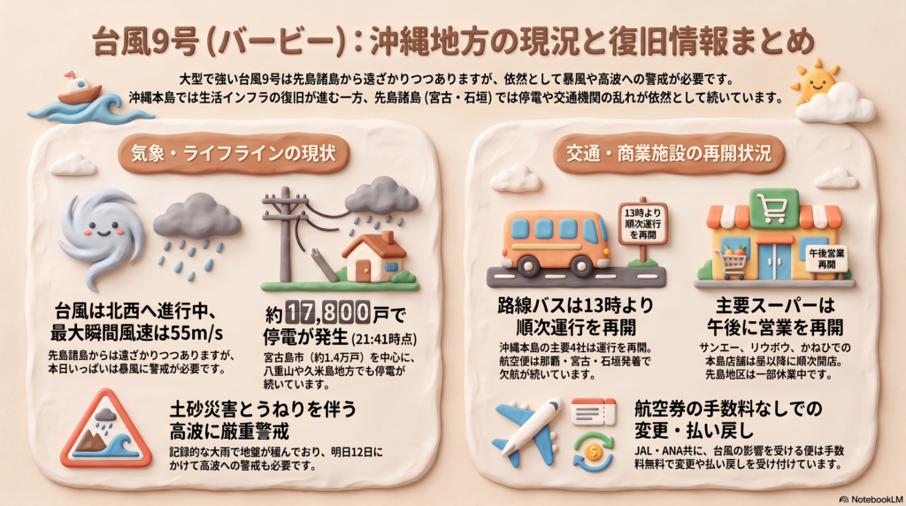 2026年台風9号（バービー）通過後の沖縄県内インフラ・商業施設の営業実態と気象実況データをまとめたインフォグラフィック（USAGI GIKEN制作）