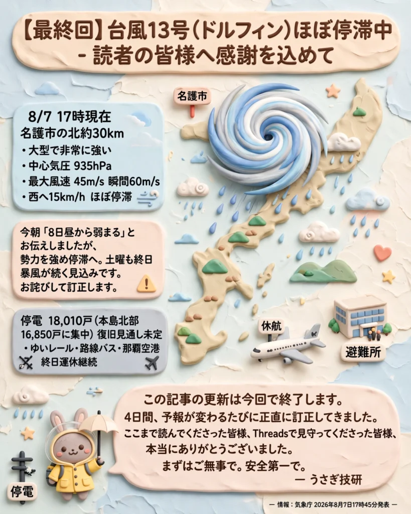 【最終回】台風13号ドルフィンが名護市北約30kmでほぼ停滞中。935hPa・最大風速45m/s・瞬間60m/sの現況と、読者の皆様への感謝を伝える粘土風インフォグラフィック