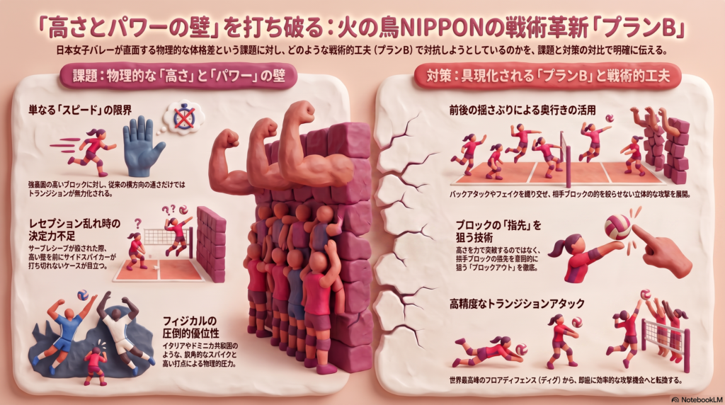 VNL2026女子バレー日本代表の課題である高さとパワーの壁を打ち破る戦術革新プランBのクレイ調インフォグラフィック図解。スピードの限界や決定力不足という課題に対し、前後の揺さぶりやブロックのアウトを狙う技術、高精度なトランジションアタックなどの対策を対比で解説。