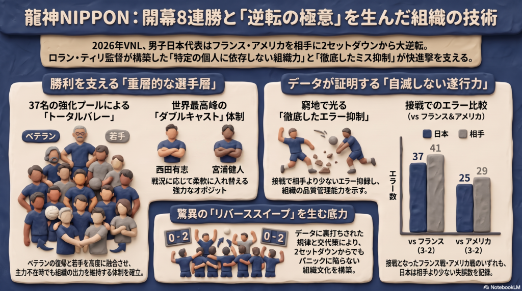 VNL2026男子バレー日本代表の開幕8連勝と逆転の極意を生んだ組織戦略を解説するクレイ調インフォグラフィック。重層的な選手層、西田有志と宮浦健人のダブルキャスト体制、フランス戦・アメリカ戦での徹底したエラー抑制データを示す3D棒グラフなどを掲載。