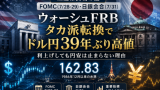 ウォーシュFRBのタカ派転換でドル円が39年ぶり高値を更新、FOMCと日銀会合をテーマにしたイメージ