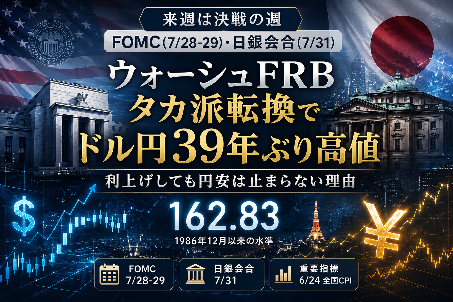 ウォーシュFRBのタカ派転換でドル円が39年ぶり高値を更新、FOMCと日銀会合をテーマにしたイメージ
