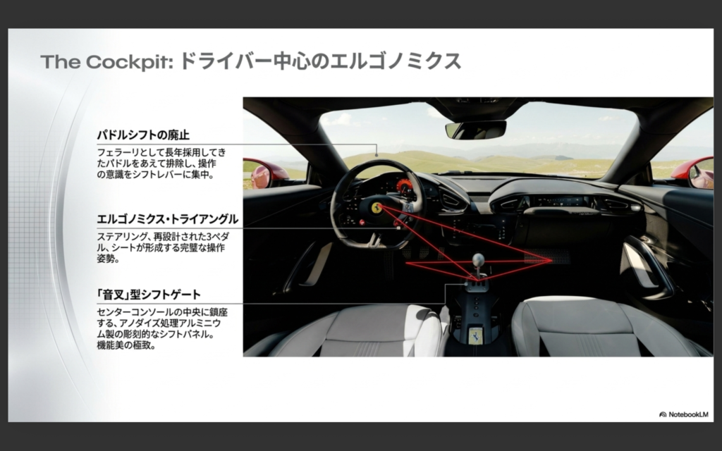 フェラーリ 12チリンドリ マヌアーレのコックピット解説画像。パドルシフトの廃止、3ペダルとシートの配置、音叉型のシフトゲートなど、ドライバー中心のエルゴノミクスについて説明している。