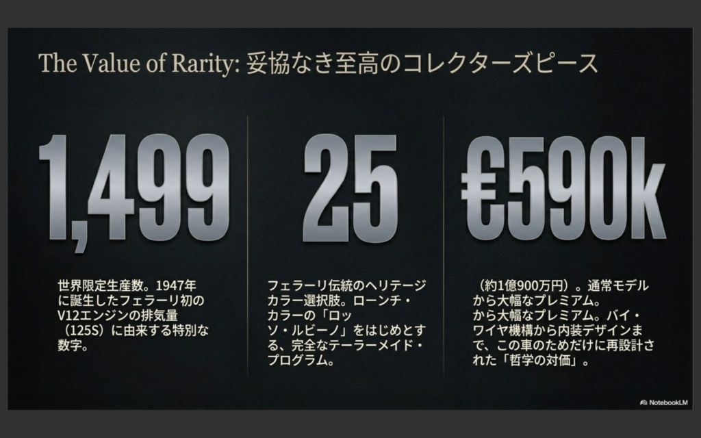 フェラーリ 12チリンドリ マヌアーレの希少価値を解説するインフォグラフィック画像。世界限定生産数「1,499台」、テーラーメイドによる限定カラー「25色」、欧州価格「59万ユーロ(€590k)」という3つの主要な数字が示されている。