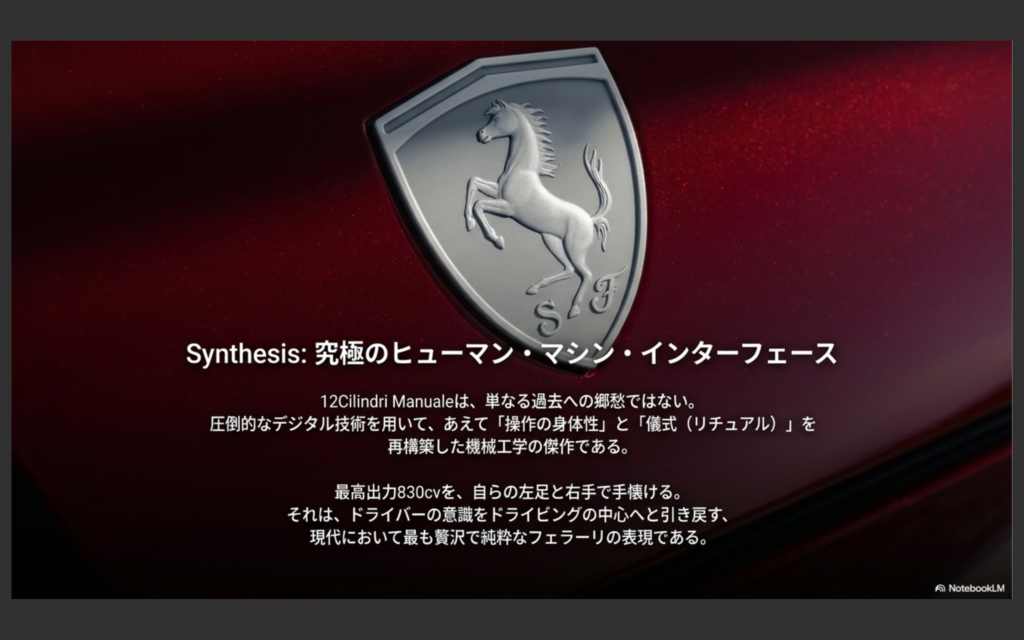 フェラーリの跳ね馬エンブレムを背景にしたインフォグラフィック画像。「Synthesis: 究極のヒューマン・マシン・インターフェース」として、12チリンドリ マヌアーレが圧倒的なデジタル技術を用いて操作の身体性や儀式を再構築した機械工学の傑作であり、最高出力830cvを自らの左足と右手で手懐ける現代において最も贅沢で純粋なフェラーリの表現であることを説明している。